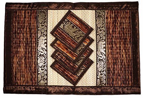 Hand-Woven Wicker Reed Placemats and Coaster Set - Eco-Friendly Alternative to Plastic - Heat Resistant - Thai Style - Durable and Easy to Clean - Perfect for Dining Table Décor - Set of 4 (Large T2 Brown)