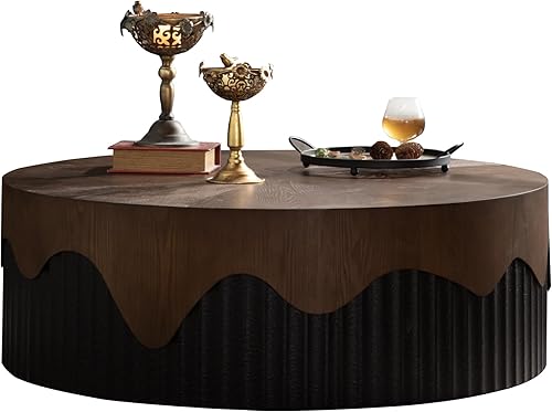 Miniatura 8 de GDFStudio Mesa auxiliar redonda de 39 pulgadas con tapas de nogal, mesas de centro circulares de chapa con textura de corteza con base de relieve