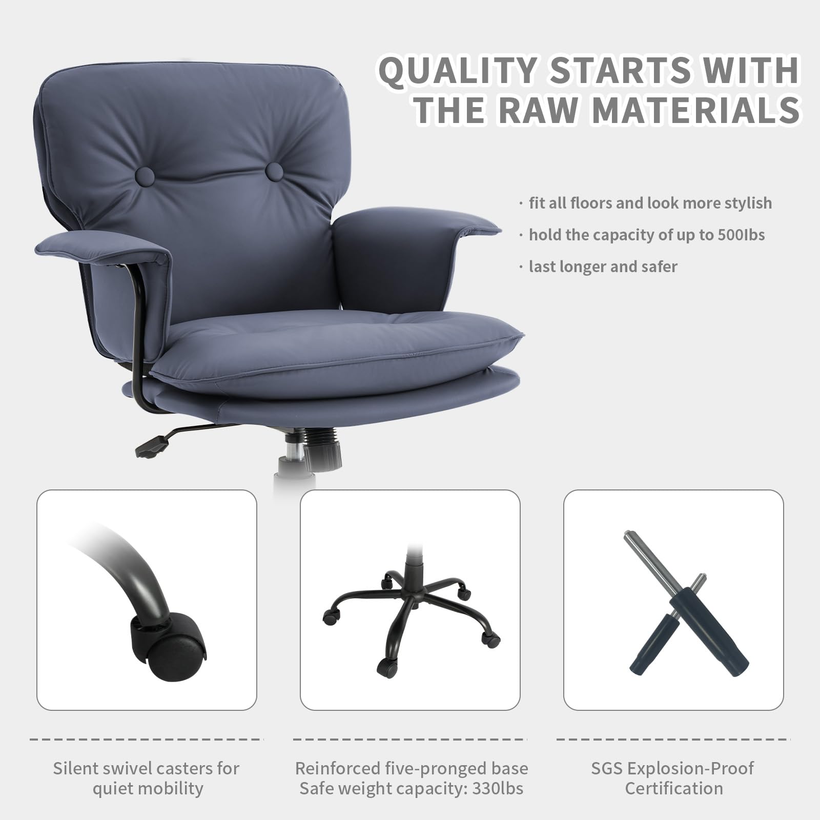 Vigosit Silla giratoria ergonómica con cojín de asiento de 10 cm de grosor, reposabrazos en forma de alas y altura regulable, con una capacidad de carga de hasta 150 kg, equipada con ruedas