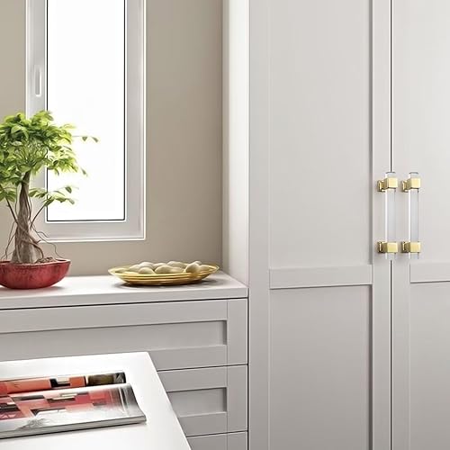 Miniatura 6 de knobelite Paquete de 15 manijas de gabinete de cocina con centro de agujero de 5 pulgadas, tiradores de cajón dorados modernos con tubo acrílico