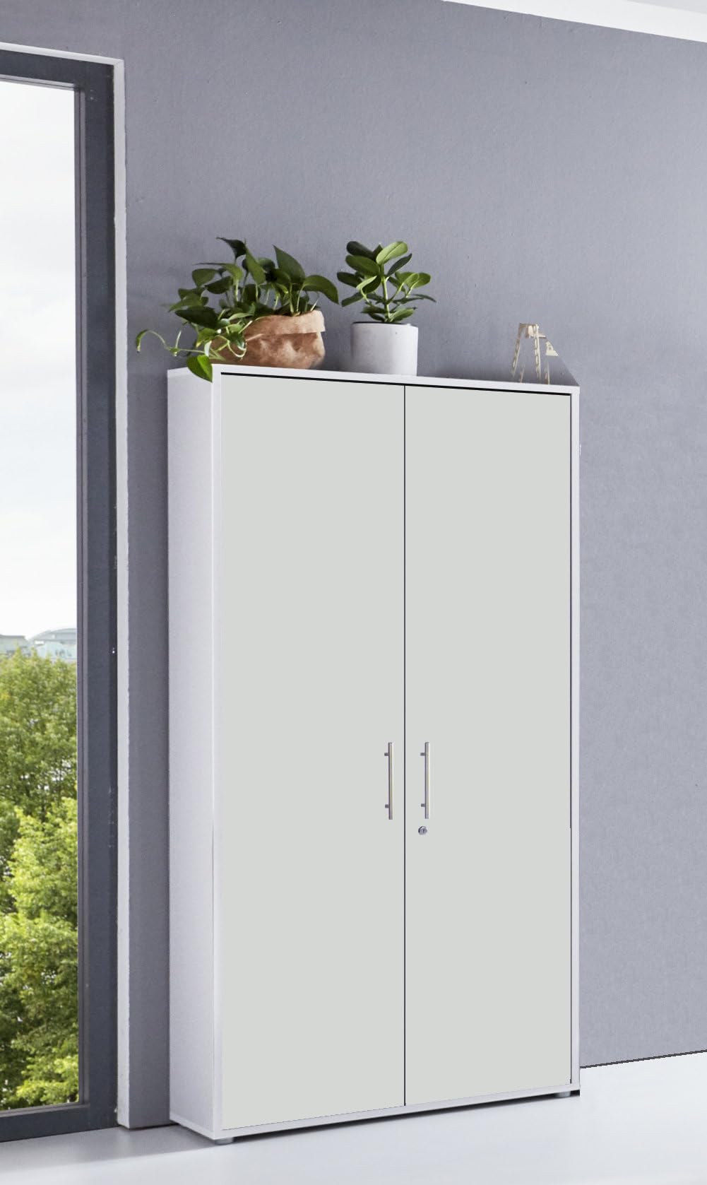 Aktenschrank Tabor hoch Büroschrank mit 2 Türen 84,4 cm breit abschließbar (weiß/weiß matt)