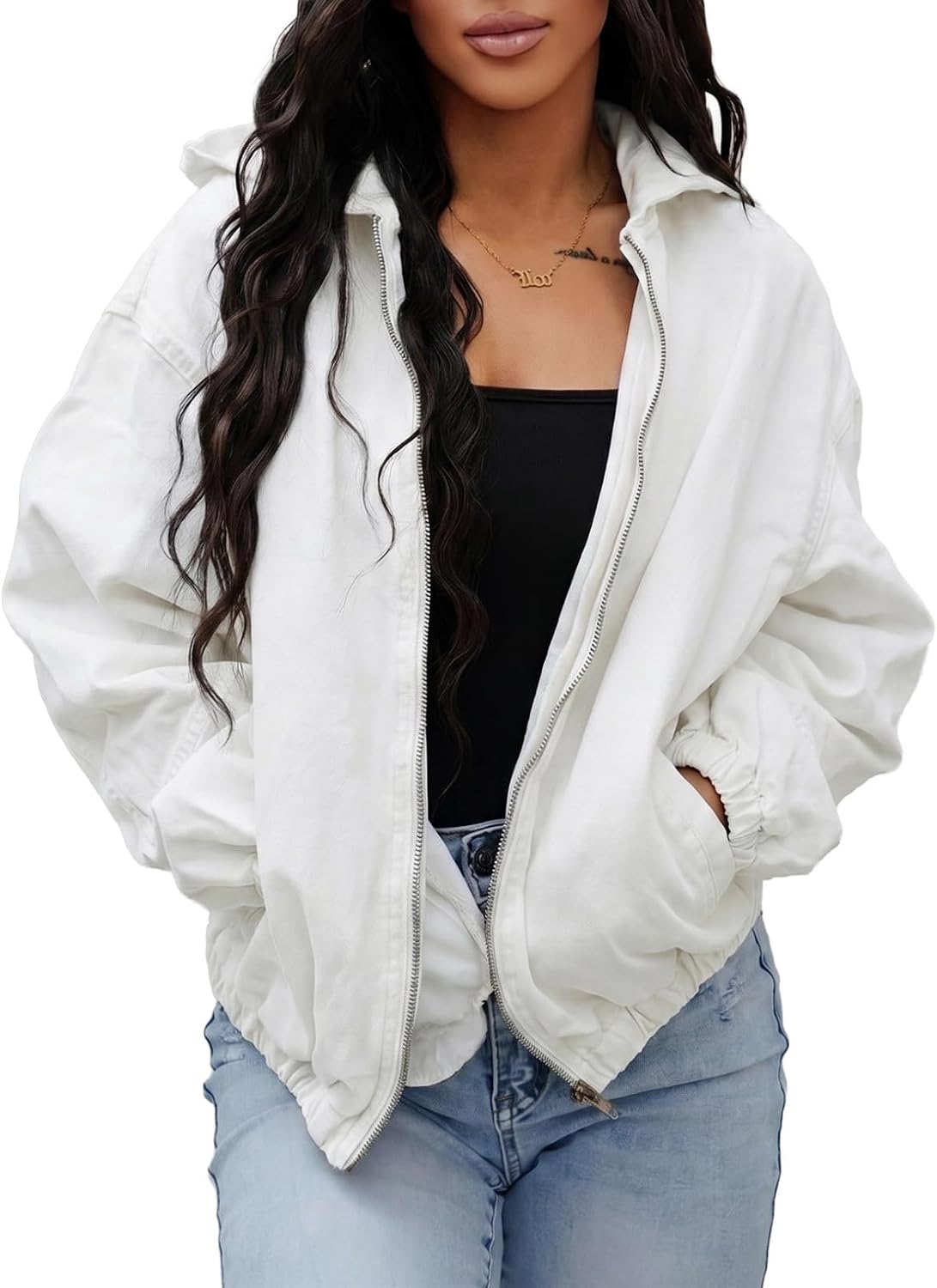 SHEWIN Womens Jean Jacket Vintage Long Sleeve Drop Shoulder Zip Up Elastic Hem Loose Washed Hooded Bomber Jacket Coat