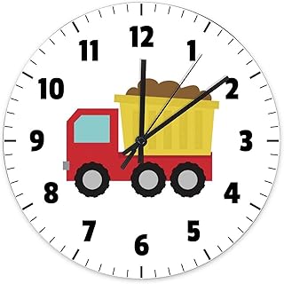 JuneLucky Cute Dump Truck Construction Vehicle Boys Room Nursery Wood Wall Clock for Bedroom Decor Battery Operated 12 Inches Kids Wooden Clock