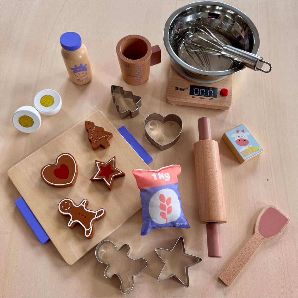 howa Backset für Kinder 19 teilig - Spielküche Zubehör, Kinderküche Zubehör Holz mit Waage, Schüssel, Schneebesen, Backformen und viel Zubehör 4896