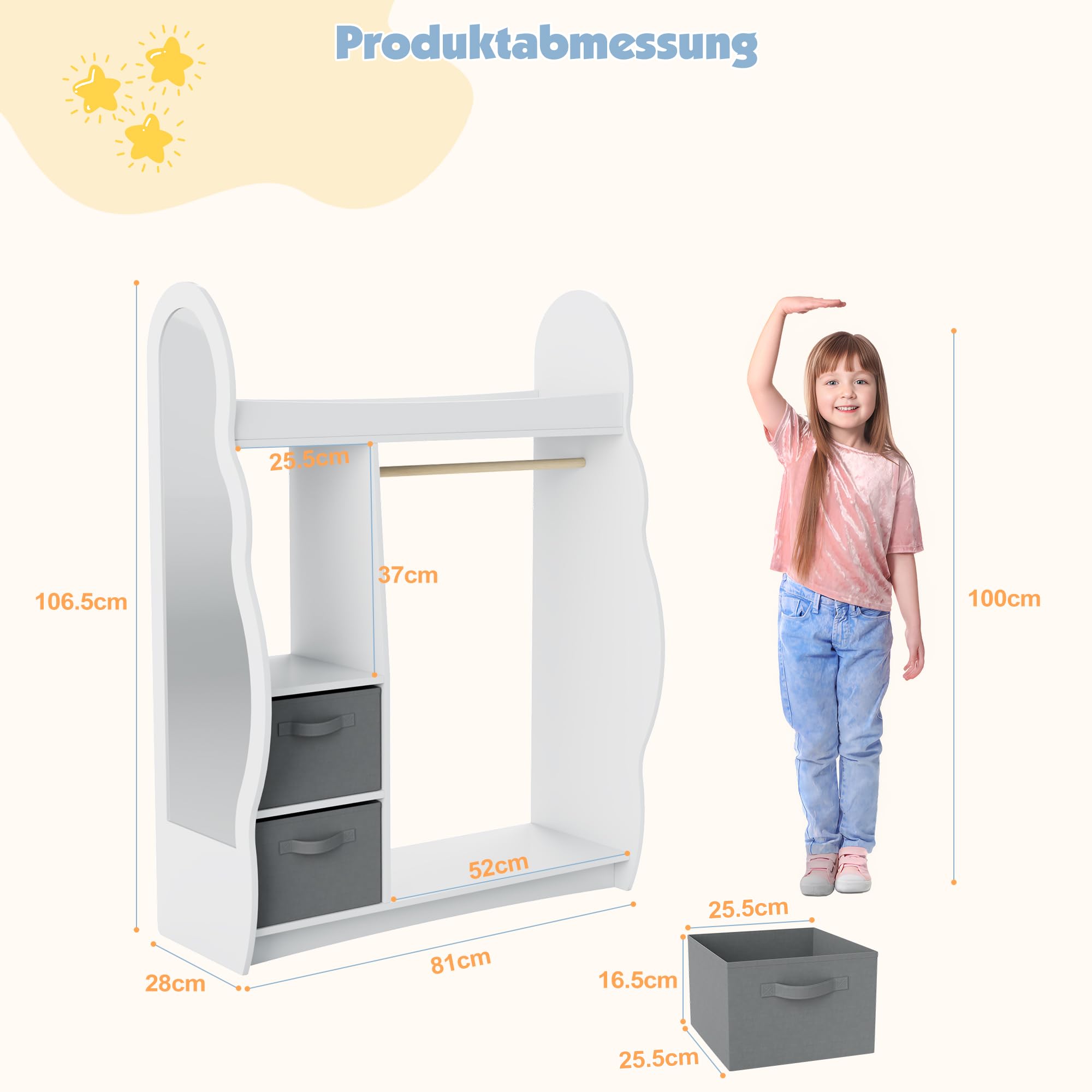 KEEPREAPER Kinder Kleiderschrank Kinderkleiderständer mit Boxen, Kleiderstange, Spiegel und Ablagen, Kindergarderobe aus Holz, Kinderregal 81 x 28 x 106,5 cm (Wolken mit 2 Schubladen, Weiß)