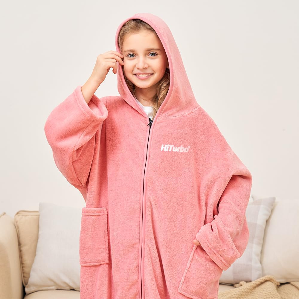 Hiturbo Kids Bath Towel Hoodie: Soft Plush Zipper Surf Poncho - Warm Fleece Changing Towels Swimming Outerwear (Pink) - Image 6
