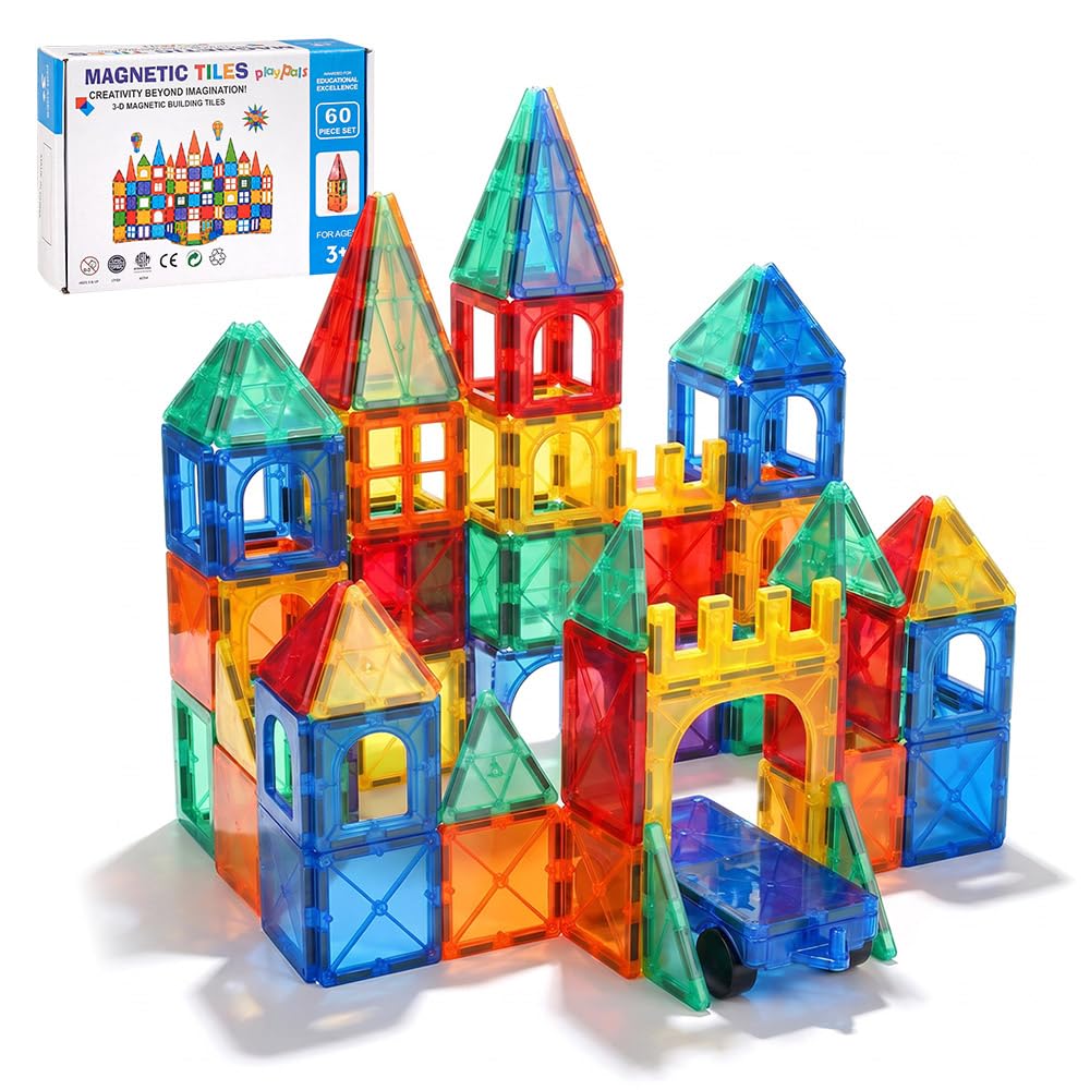 Playpals Magnetische Bausteine 60 Teile mit Auto für Kinder ab 3 Jahren