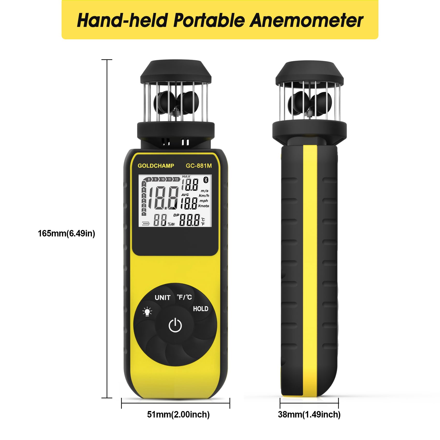 Anémomètre portable à tasse numérique avec direction du vent à 360 °, compteur de vitesse du vent de 1,5 à 93 km/h avec boussole, température (℃/℉), MAX/AVG pour CVC, bateau à voile, tir