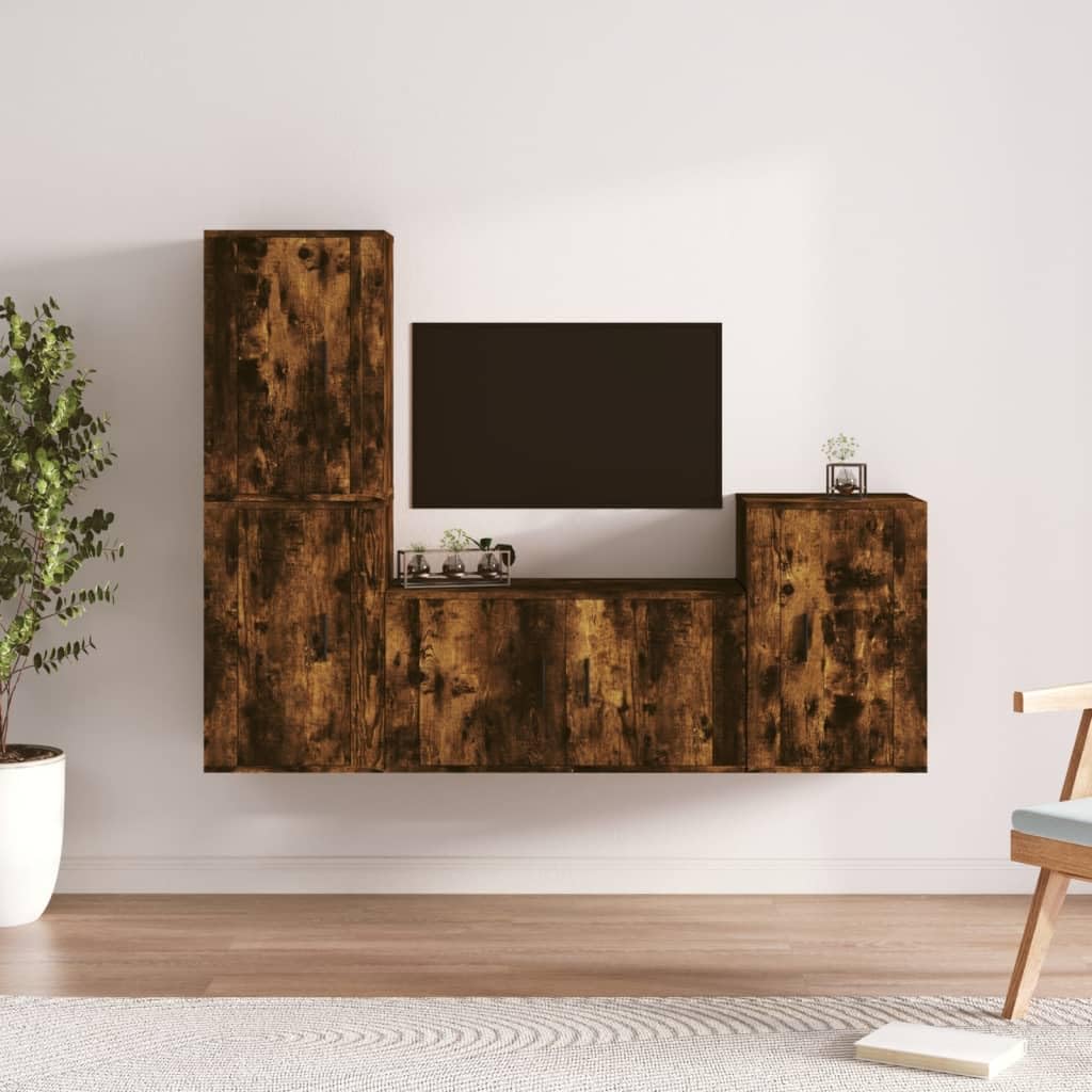 4-TLG. TV-Schrank-Set Räuchereiche Holzwerkstoff, 80x34,5x40 cm, Wandmontage, Modernes Media-Center für Wohnzimmer, Vielseitige TV-Möbel mit Stauraum