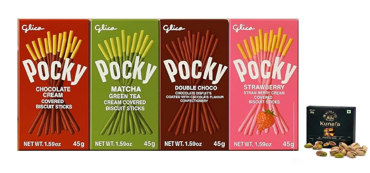 Pocky Biscuit Sticks Variety Pack,Chocolate,Strawberry, Matcha Green Tea, Double Chocolate,Each 45g X Pack Of 4 with Free Flavourito Kunafa Pistachio Chocolate Bar, 20g By Decadent Foods-image-44