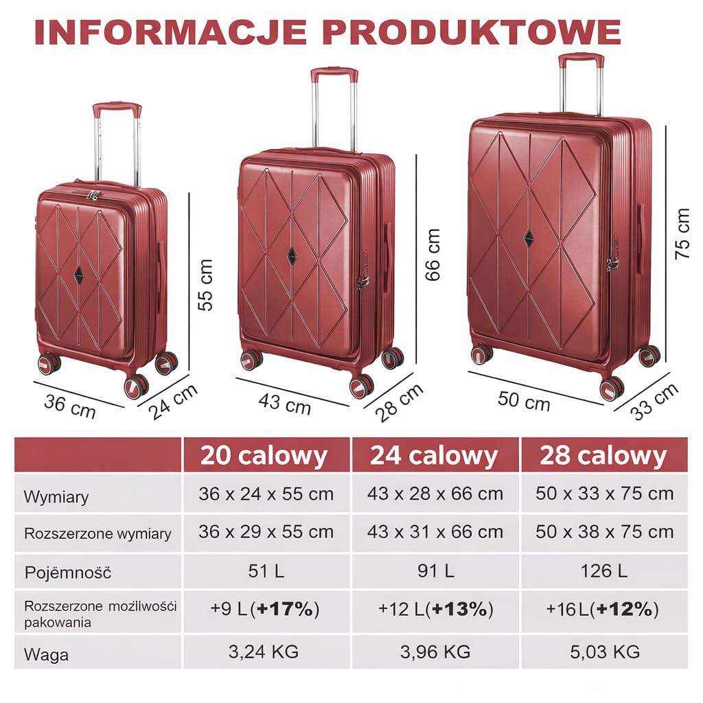 Zestaw 3 walizek z twardego poliwęglanu, specjalny system otwierania z przodu z przegródką organizera, możliwość rozszerzenia, 51 61 71 cm, zamek szyfrowy TSA, podwójne kółka 360 stopni