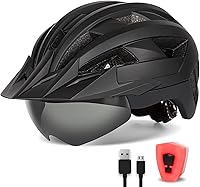 FUNWICT Adult Bike Helmet with Visor, Magnetic Goggles & Rechargeable Rear Light - MTB Road Cycling Safety Gear