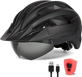 FUNWICT Adult Bike Helmet with Visor, Magnetic Goggles & Rechargeable Rear Light - MTB Road Cycling Safety Gear