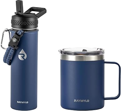 RAYMYLO Insulated Water Bottle 20oz Navy Blue + Insulated Coffee Mug 12oz Navy Blue