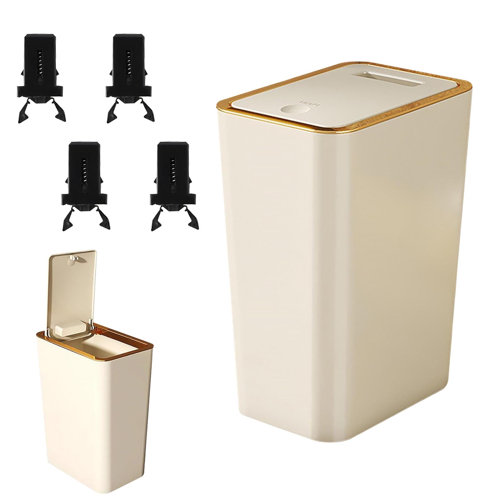 Contenedor de Basura con Tapa, 10L Contenedor de Basura con Tapa Abatible a Presión, Bote de Papelera para Baño con 4 Mosquetones, Bote de Cuadrado Familiar Papeleras, para Cocina, Oficina(Crema)