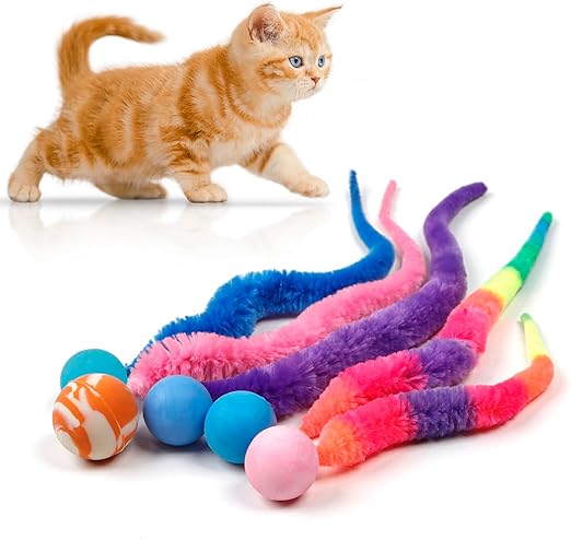 Mixed Bouncy Ball with Tail Cat Toys,5 Packs Rainbow Magic Worm with Ball Toy for Cats,Colorful Fuzzy Worm Bouncy Balls Cat Toy