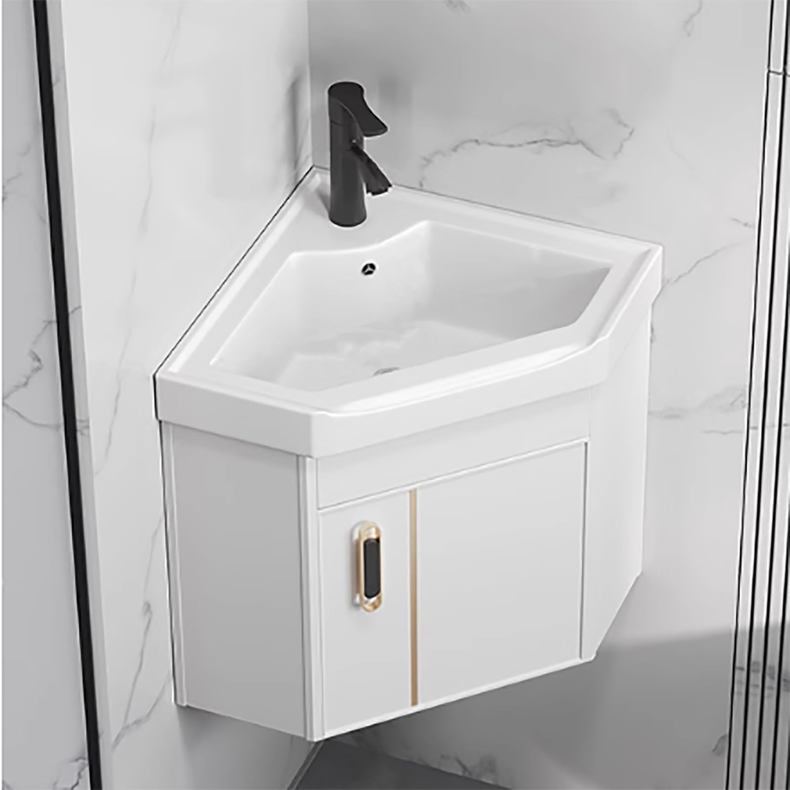 GLJTUO Modern Gray Corner Vanity Sink with Cabinet Heavy Duty Bathroom Storage Scratch and Stain Resistant Porcelain Sink Hot and Cold Faucet 15in,White-42cm/16.5in