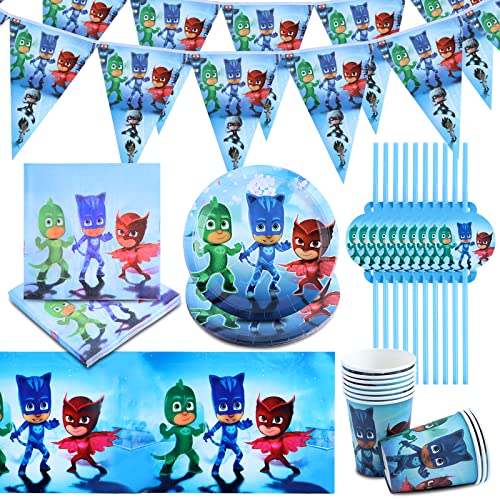 52 Pcs Pj Masks Geburtstag Deko, Pj Masks Geburtstagsparty Geschirr Set, Partygeschirr Set, Gebutstag Party Set, Party Supplies Set, Teller Becher Servietten Pappteller Party-Set Per Kinder Geburtstag Cover