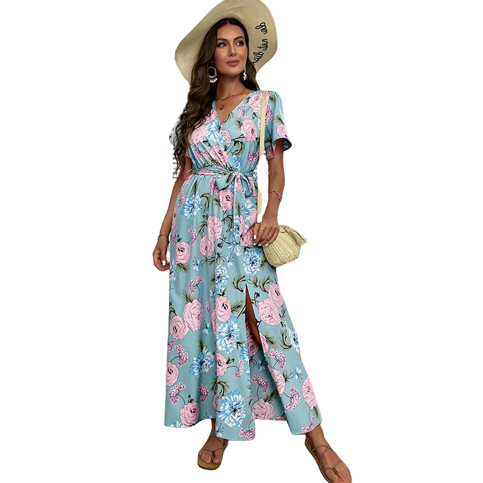 Vestidos de verano para mujer, vestido midi con cuello en V, manga larga, floral, vestido de primavera para mujer, YYEFNMAZ