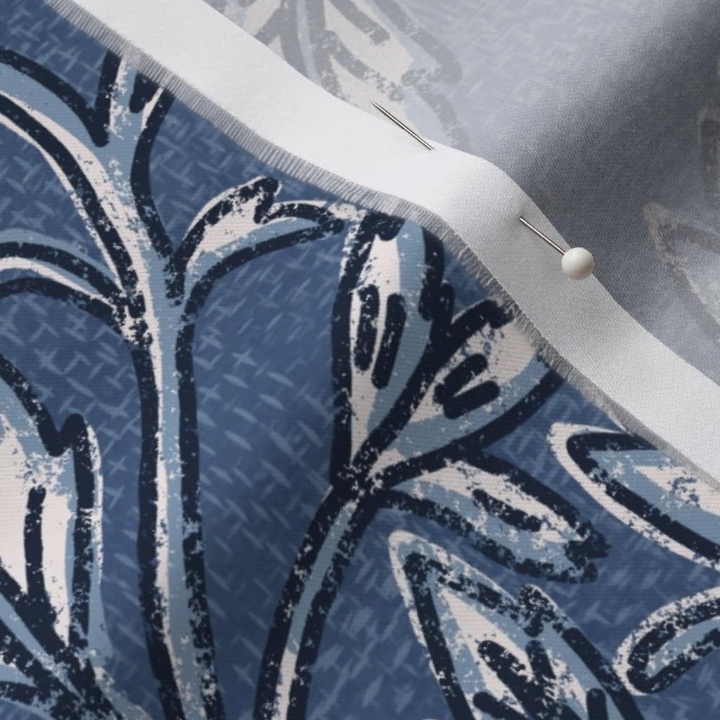 Spoonflower Fabric - Bohemian Faux Block Print Blue and White Floral Eclectic Boho Batik Printed on Organic Cotton Sateen Fabric by The Yard - Sewing Quilting Apparel Home Decor