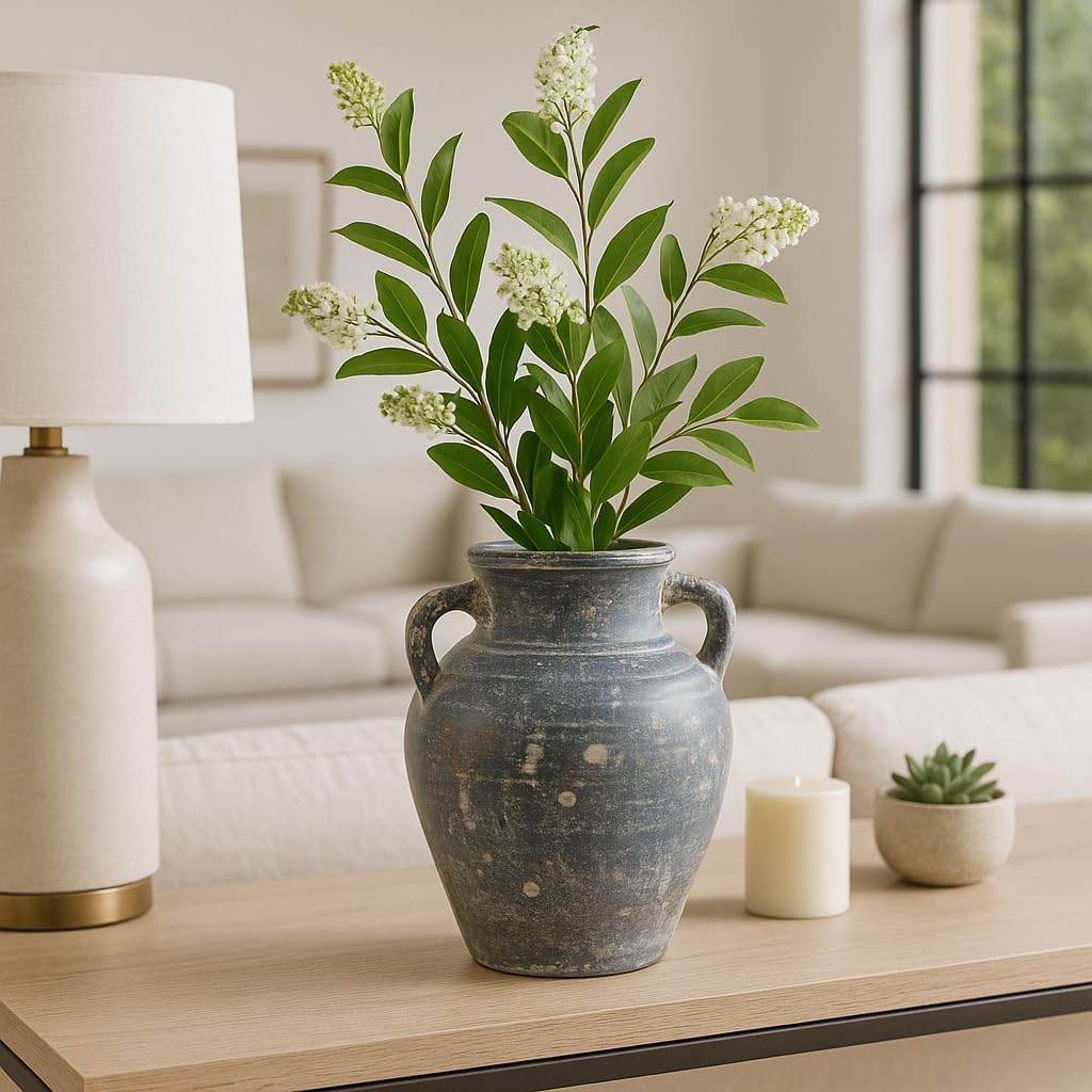 Charming Terracotta Vase with Handles - Elegant Home Decor Piece for Living Room, Bedroom, Office and Room Display - Perfect Use as Flower Vase, House Accent, and Table Decor - 10", Blue & White