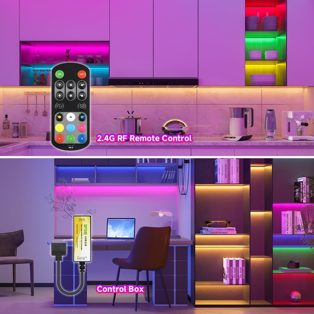 BTF-LIGHTING FCOB COB Tira LED RGBW Kit Completo RGB+Blanco Frío 6000K Cambio de Color 24V 5m 896 LEDs/m Alta Densidad Cinta LED Flexible con Controlador RF y Fuente de Alimentación para Dormitorio