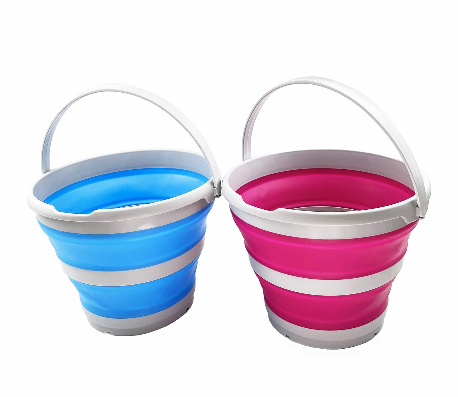 SAMMART 10L (2.6 Gallon) Collapsible Plastic Bucket - Foldable Round Tub - Portable Fishing Water Pail - Space Saving Outdoor Waterpot, Size 33cm Dia (Sky Blue + Flamingo (Set of 2))