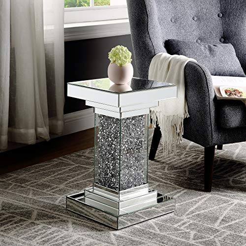 Mirrored End Table, Mirror Side Table with Crystal Inlay, Modern Crystal Diamond Silver Table, Mirror Accent Table for Living Room