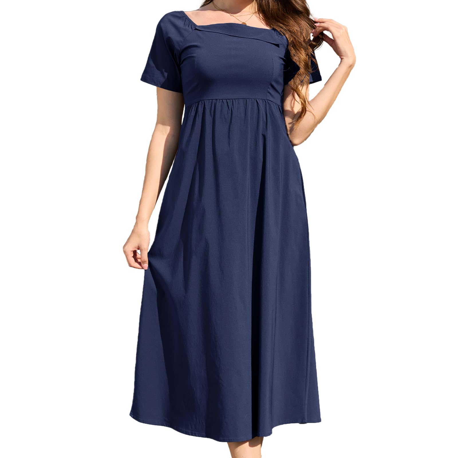 Jayscreate Women’s Casual Square Neck Long Halter Tie Dress Midi Short Sleeve 2025 Summer Flowy Dress A-Line for Women
