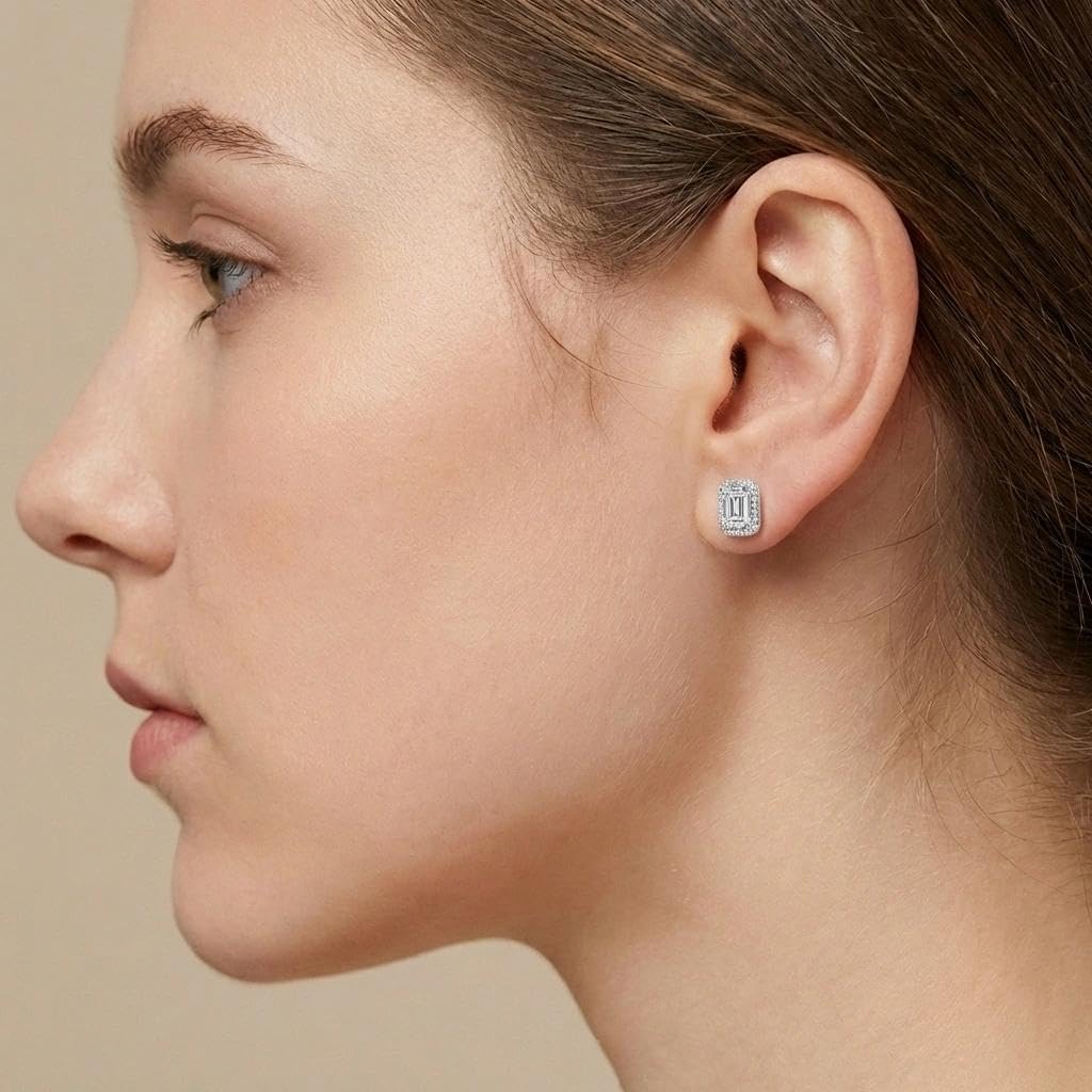 1 Carat Emerald Cut Moissanite Halo Stud Earrings (Stone: 6.6×7.7mm, Set: 9.6×7.7mm) For Women, D Color VVS1, 925 Sterling Silver, With GRA Certificate