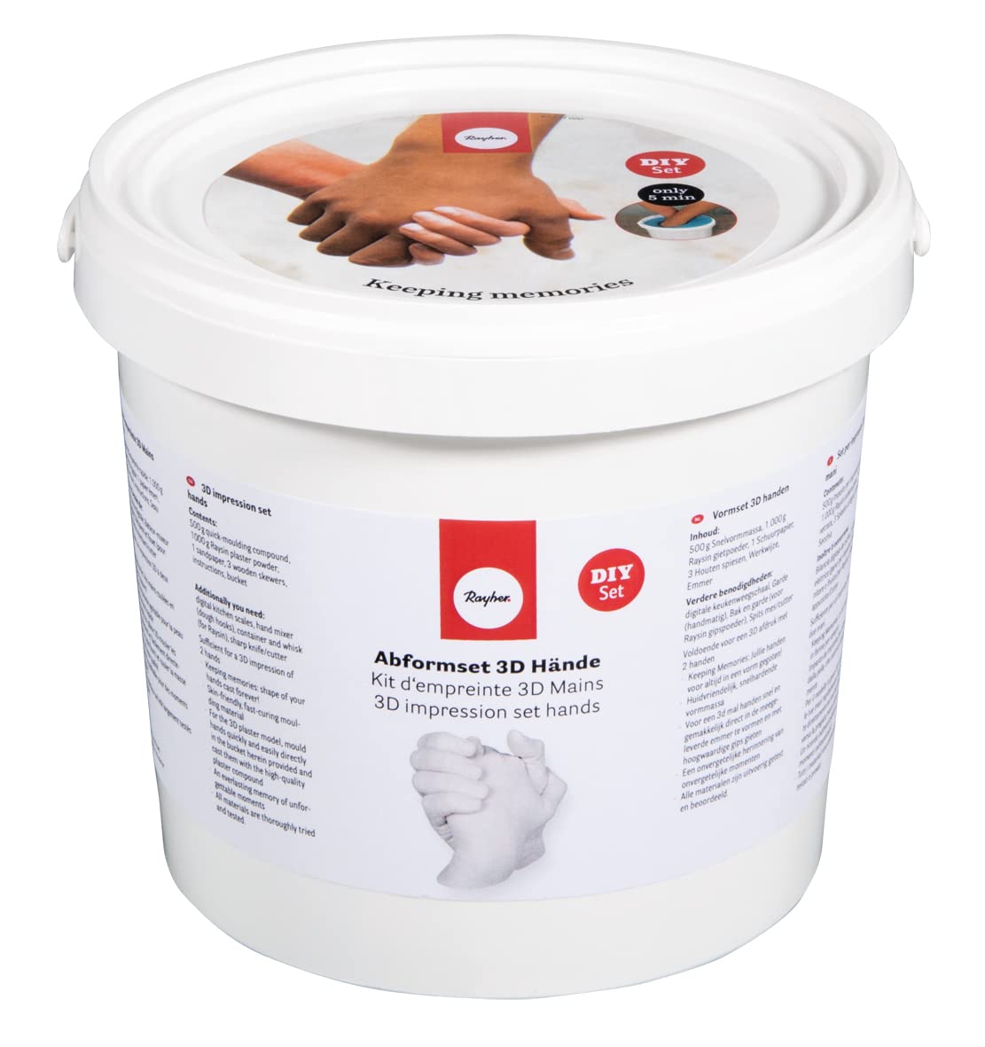 Rayher 34471000 zestaw do formowania rąk, opakowanie do majsterkowania, odlewanie rąk o wyglądzie 3D, 500 g masy do wyciskania + 1000 g proszku gipsowego, prezent na ślub