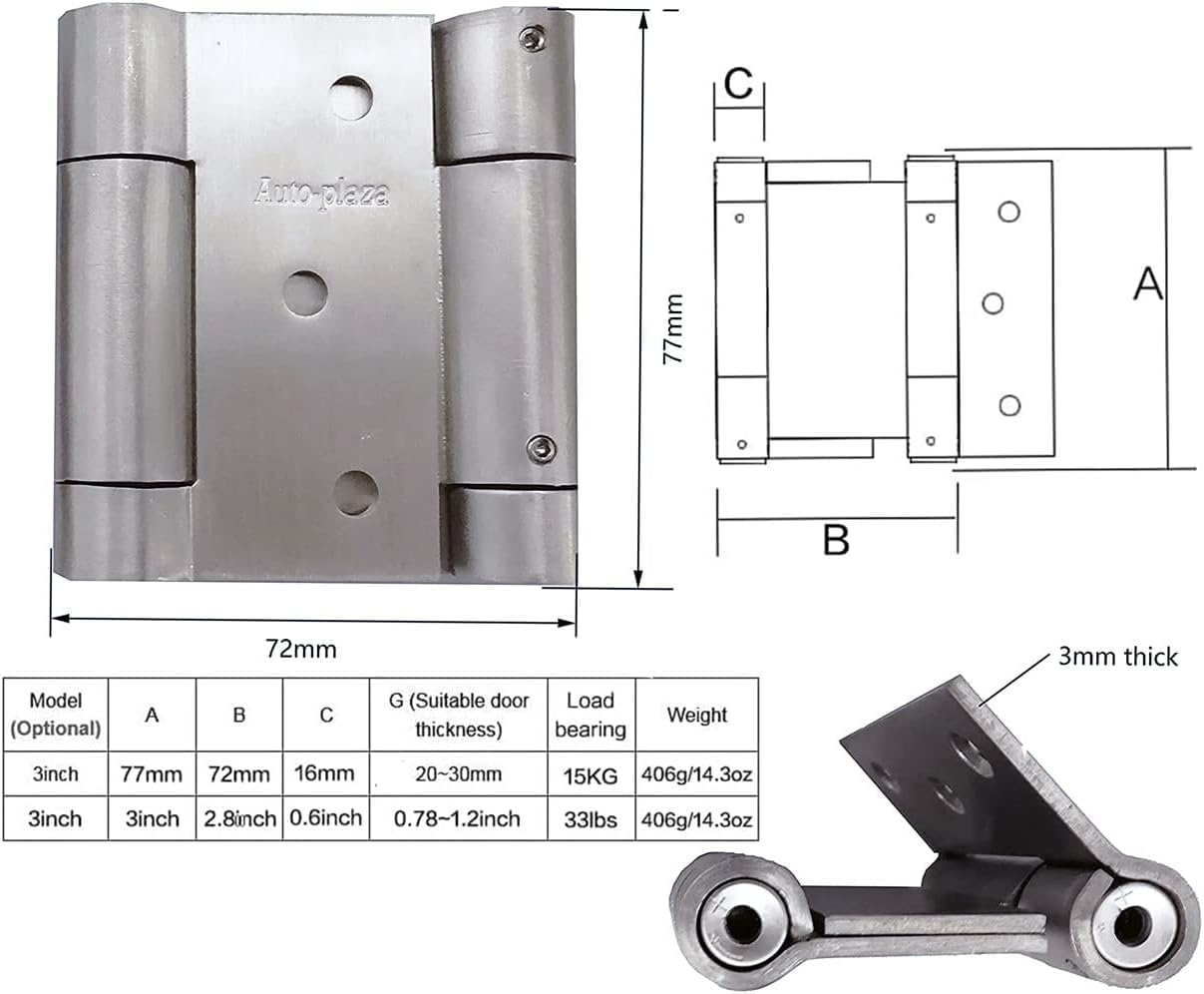 2Pairs Double Action Spring Door Hinge, 3mm Thick 304 Stainless Steel Self-Closing Spring Door Hinge, Cafe Saloon Bar Swing Gate Hinge (Silver, 75mm (3 inch))