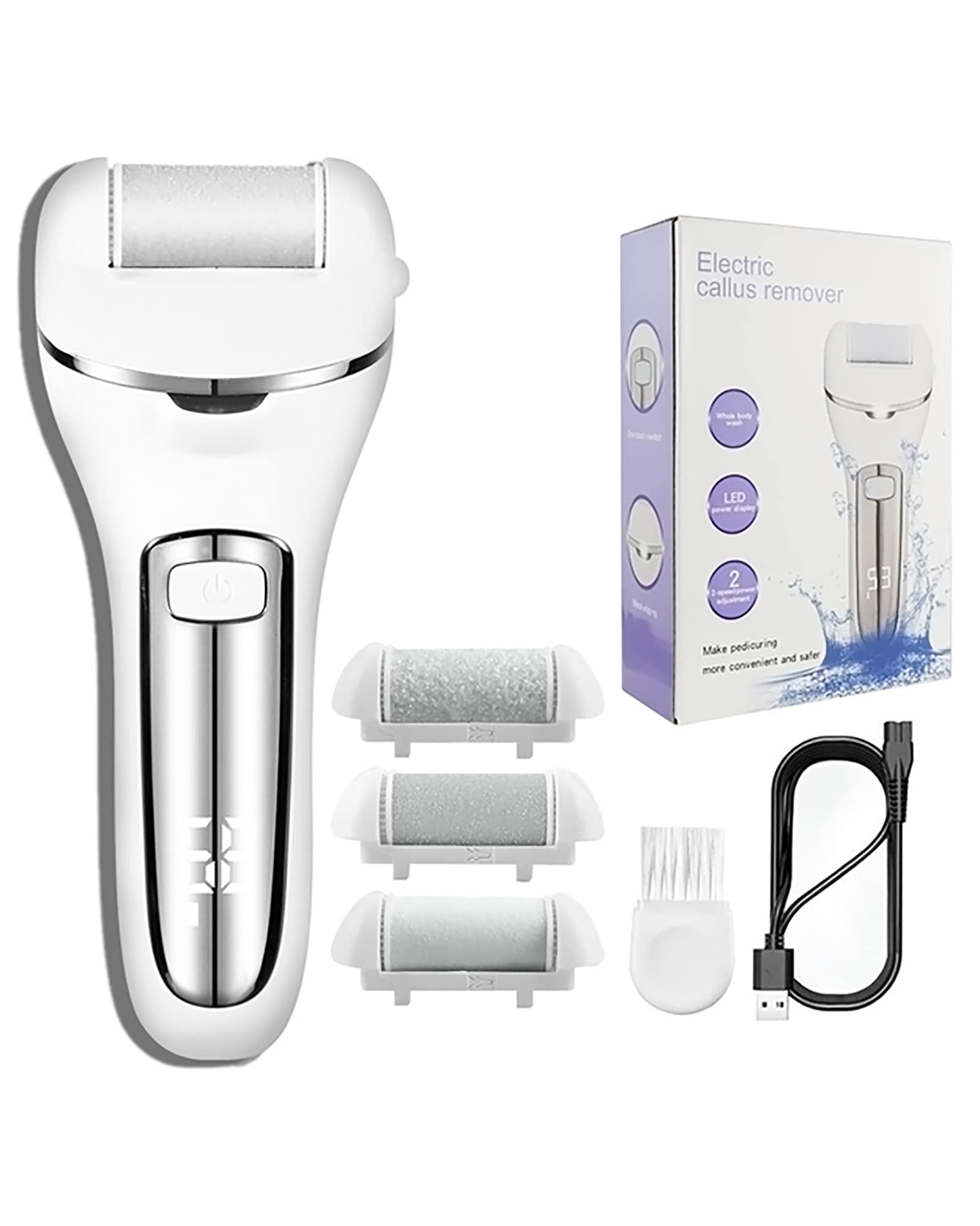 Lima eléctrica portátil para Quitar Callos de pies con 3 Rodillos y Herramientas de pedicura Profesionales de 2 velocidades para, Blanco (Blanco)