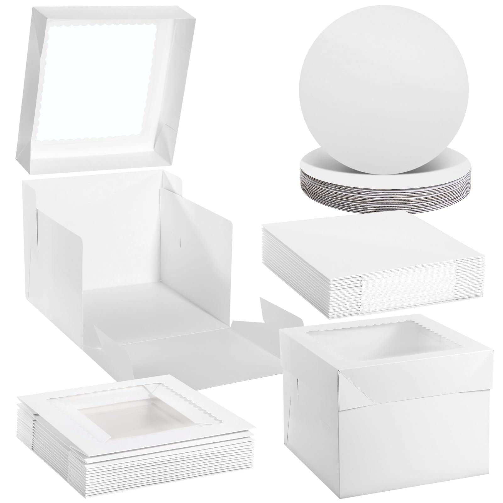 Varku 15 juegos de cajas para tartas, incluye 15 cajas para pasteles y 15 tablas, 25,4 x 25,4 x 20,4 cm, cajas de panadería blancas con ventanas, recipientes desechables para tartas con tapa para
