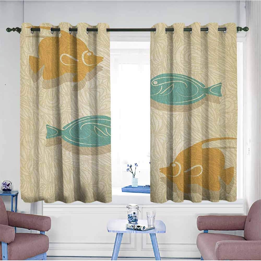 HOMEDD Thermal Insulating Blackout Curtains,Fish and Wave Aquarium Marine Ocean Themed Fishing Theme Vintage Stylized,Blackout Draperies for Bedroom,W55x63L Orange Sand Brown Seafoam