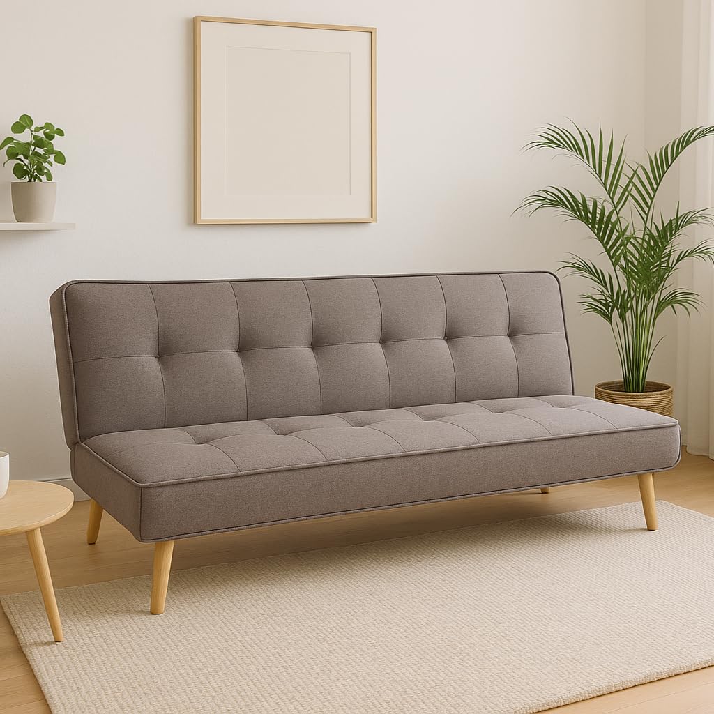 MUEBLIX.COM - Sofa Cama Alconaba 3 Plazas, Sillón Cama, Cama Sofa, con Mesa Abatible, Tapizado Poliéster Sintética, Estructura y Patas de Madera Maciza, Sofa de Diseño, Color Beige