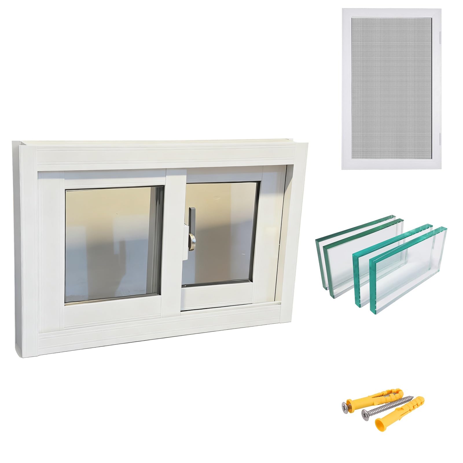 Aluminiowe okno przesuwne do szop, 26 x 15, pozioma konstrukcja ze szkła hartowanego, do kurników, biała rama, idealna do użytku domowego i ogrodowego