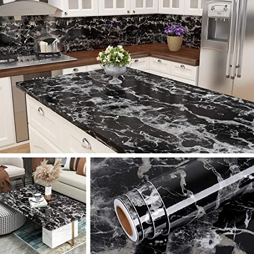 Image of WISDOM Peel and Stick Marble Contact Paper for Countertop - Vinyl Waterproof Self Adhesive Wallpaper (Black & White, 24 inchx100 inchinch)