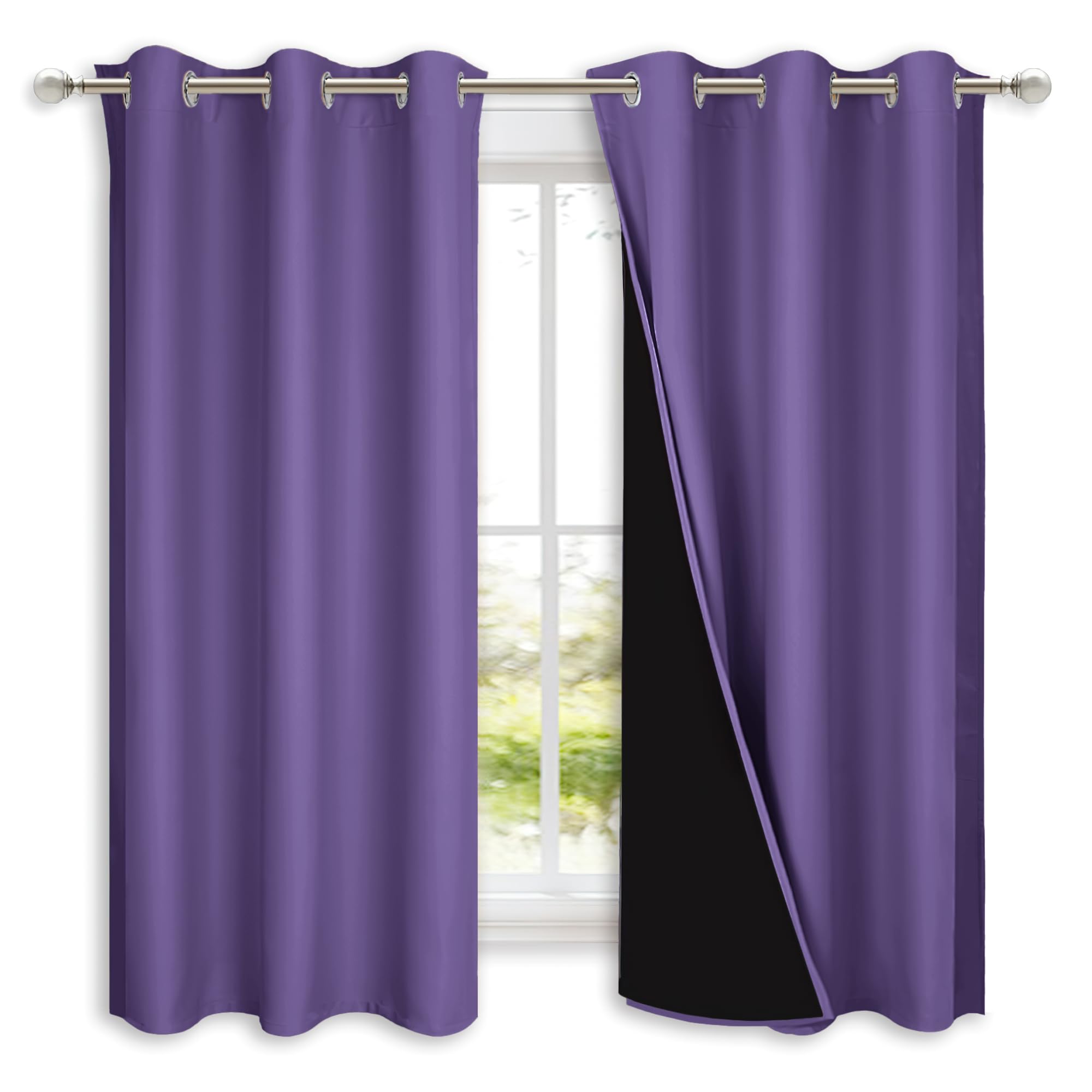 NICETOWN 100% Blackout Curtains with Black Liners, Solid Thermal Insulated Full Blackout 2-Layer Lined Drapes, Energy Efficiency Window Draperies for Bedroom (2 Panels, 42" W by 63" L, Lilac Purple)