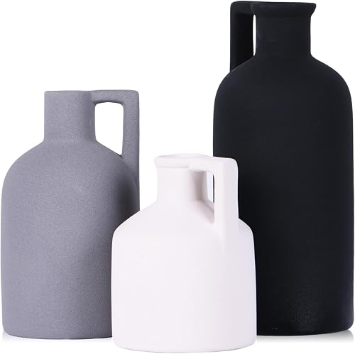 Ceramic Vase Set of 3 for Home Decor, Decorative Jug Vases for Pampas Grass and Dried Flowers, Modern Boho Farmhouse Pottery Vases for Dining Table Centerpiece, Shelf Mantel Entryway Living Room