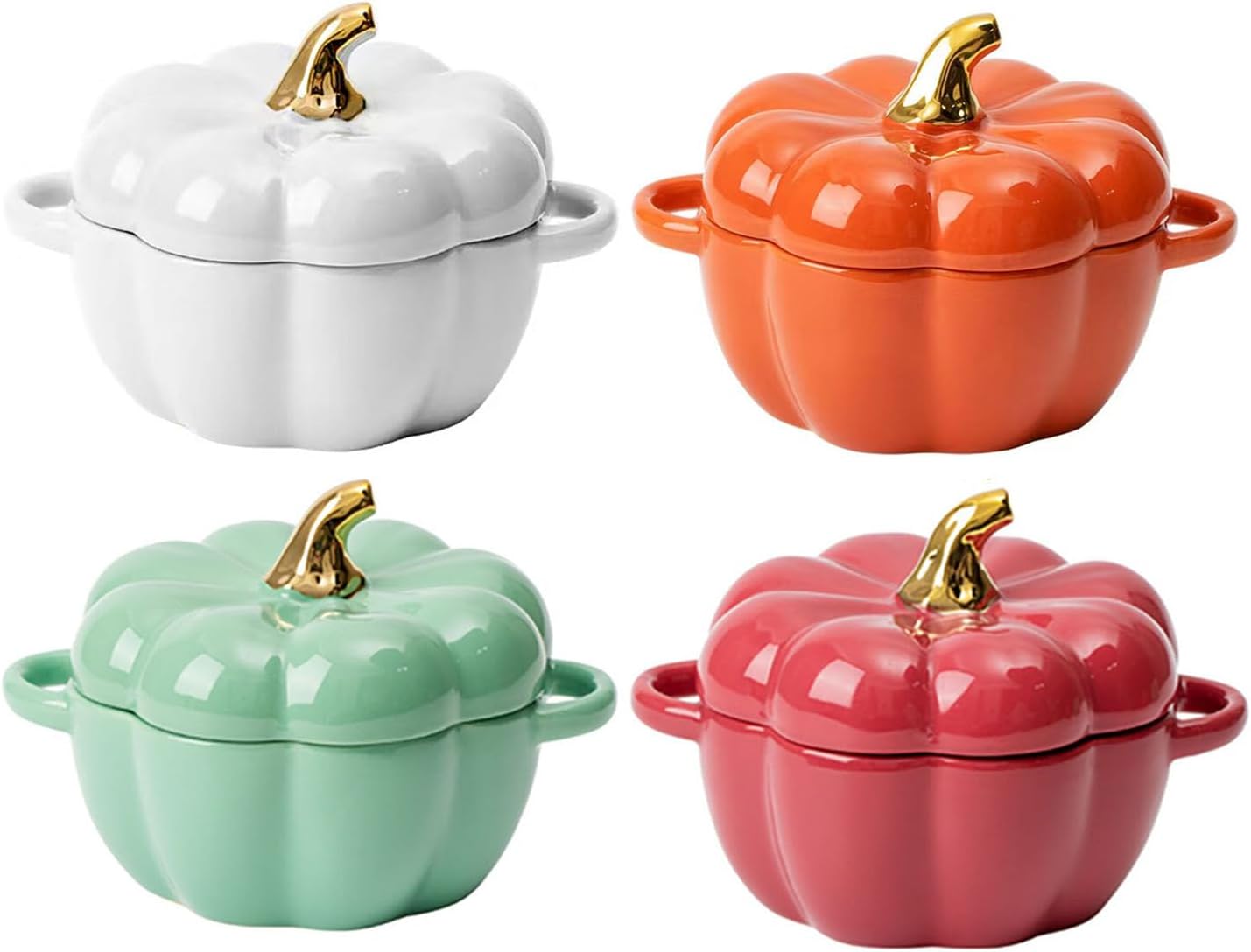 Pumpkin Bowl Set with Lid and Handle, Set of 4 Ceramic Ramekins for Baking, Casserole Dish Individual Severing Pot, Stoneware, Oven Safe, 14 Oz(Four Colors)