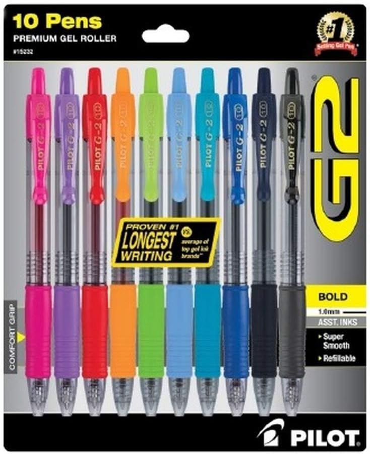 Pilot G2 Premium Retractable Gel-Ink Rolling Ball Pens, Bold (1.0 mm), Assorted, 10/Pk (15232)