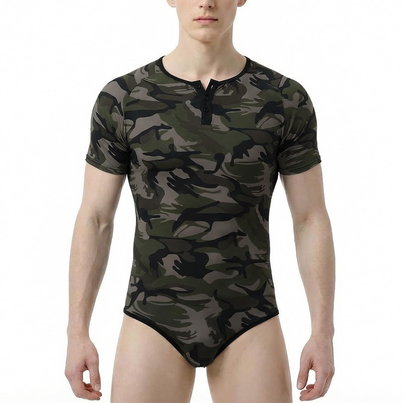CutiePlusU Men's Camo Print Short Sleeve Cotton Bodysuit Snap Crotch Onesie Loungewear