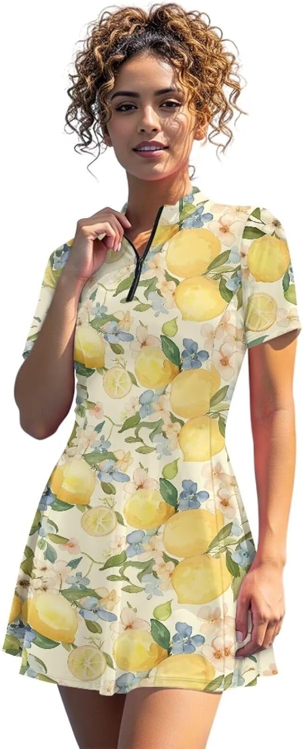 Collared Tennis Dress with Shorts and Pockets Short Sleeve Half Zip Athletic Workout Dress for Women Plus Size