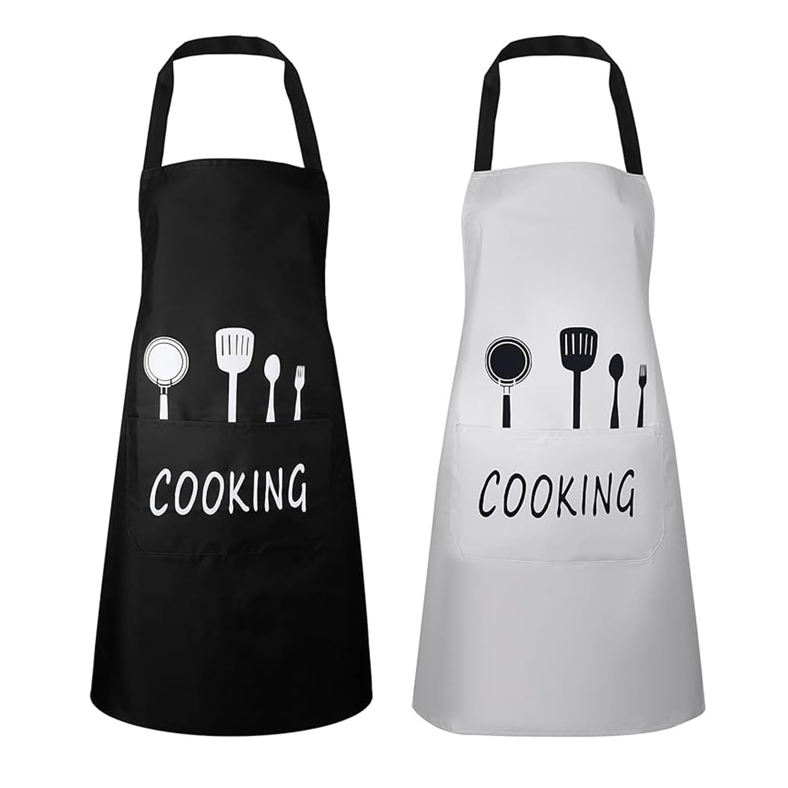 2 Piezas Delantal de Cocina, Delantales de Cocina con Correa para El Cuello Ajustable, Delantal Impermeable y a Prueba de Aceite, para Mujeres, Hombres, Cocina, Hornear, Pintura，Negro y Beige