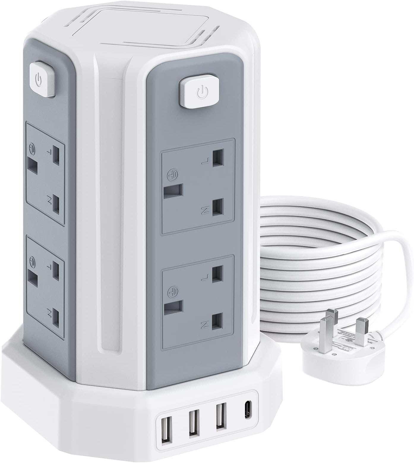 – Tower Extension Lead 3M (3250W 13A) Extension Tower 8 AC Outlets & 4 USB Ports, Surge Protection Extension Lead with 4 Independent Switch, 17W USB C Ports Extension Cable 3M for Office, Home, Kitchen