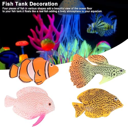 Yuehuam Artificial Aquarium Fishes, 4PCS in The Dark Luminous Silicone Fish Lifelike Plastic Fish Realistic Artificial Moving Floating Fishes for Aquarium Fish Tank Decorations Ornaments