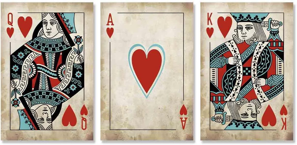 Retro Playing Card Artwork - 3 Pcs Canvas Wall Art - Queen And King Playing Cards - Red Heart Playing Card Wall Art - Living Room Decor - 16x24inchx3 No Frame