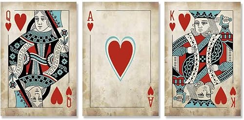 Miniatura 2 de Arte de naipes retro, 3 piezas de arte de pared en lienzo, cartas de juego de reina y rey, arte de pared de naipes de corazón rojo, decoración de