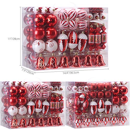 Sea Team 155-Pack Assorted Shatterproof Christmas Ball Ornaments Set Decorative Baubles Pendants With Reusable Hand-Held Gift Package For Xmas Tree (Red) #TOP1